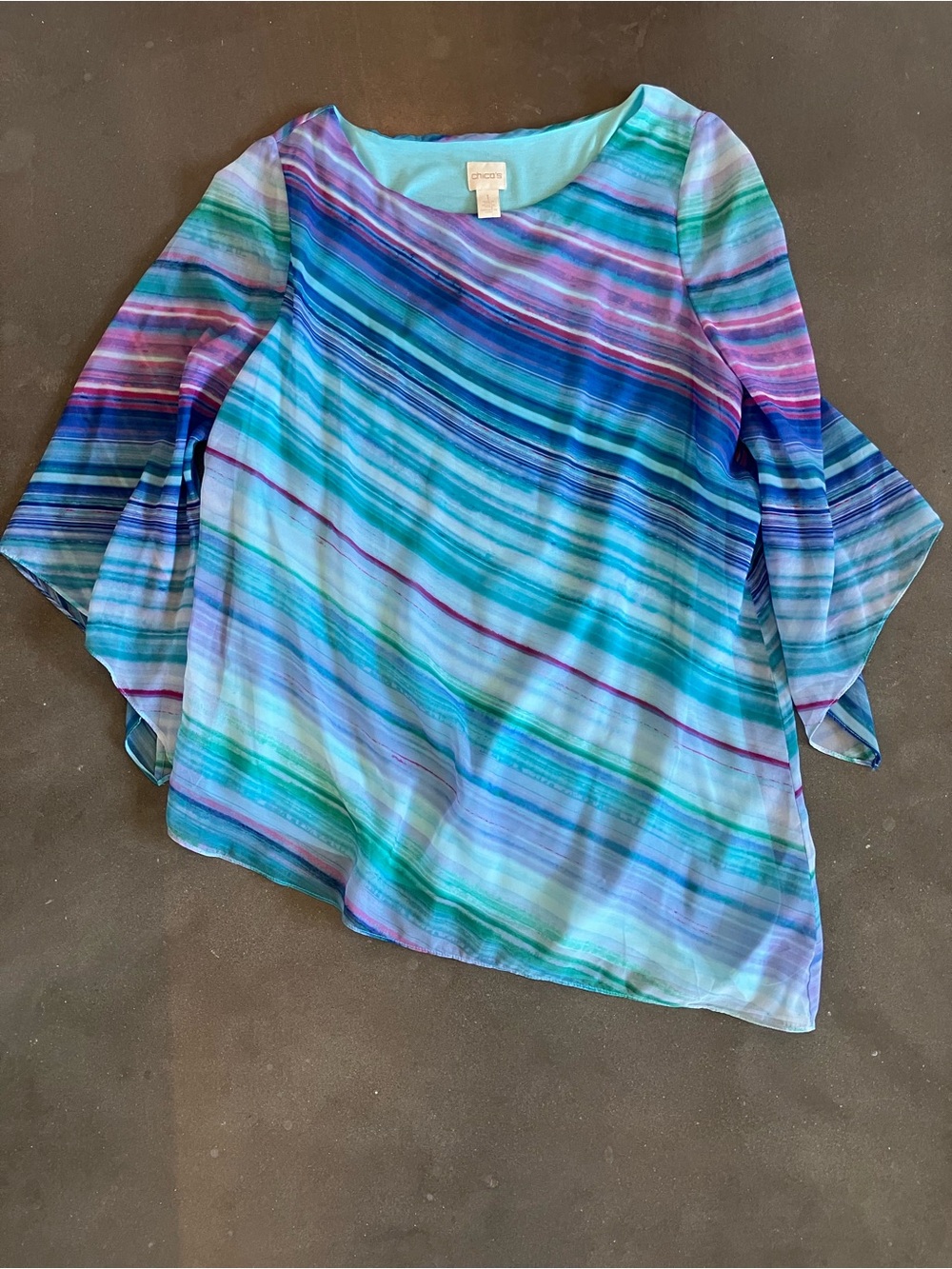 Chico's Striped Sheer Boatneck Blouse in Blue and Teal